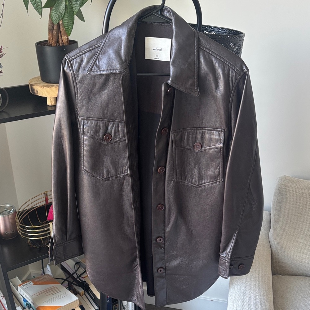 Aritzia Dark Brown Leather Shirt Jacket